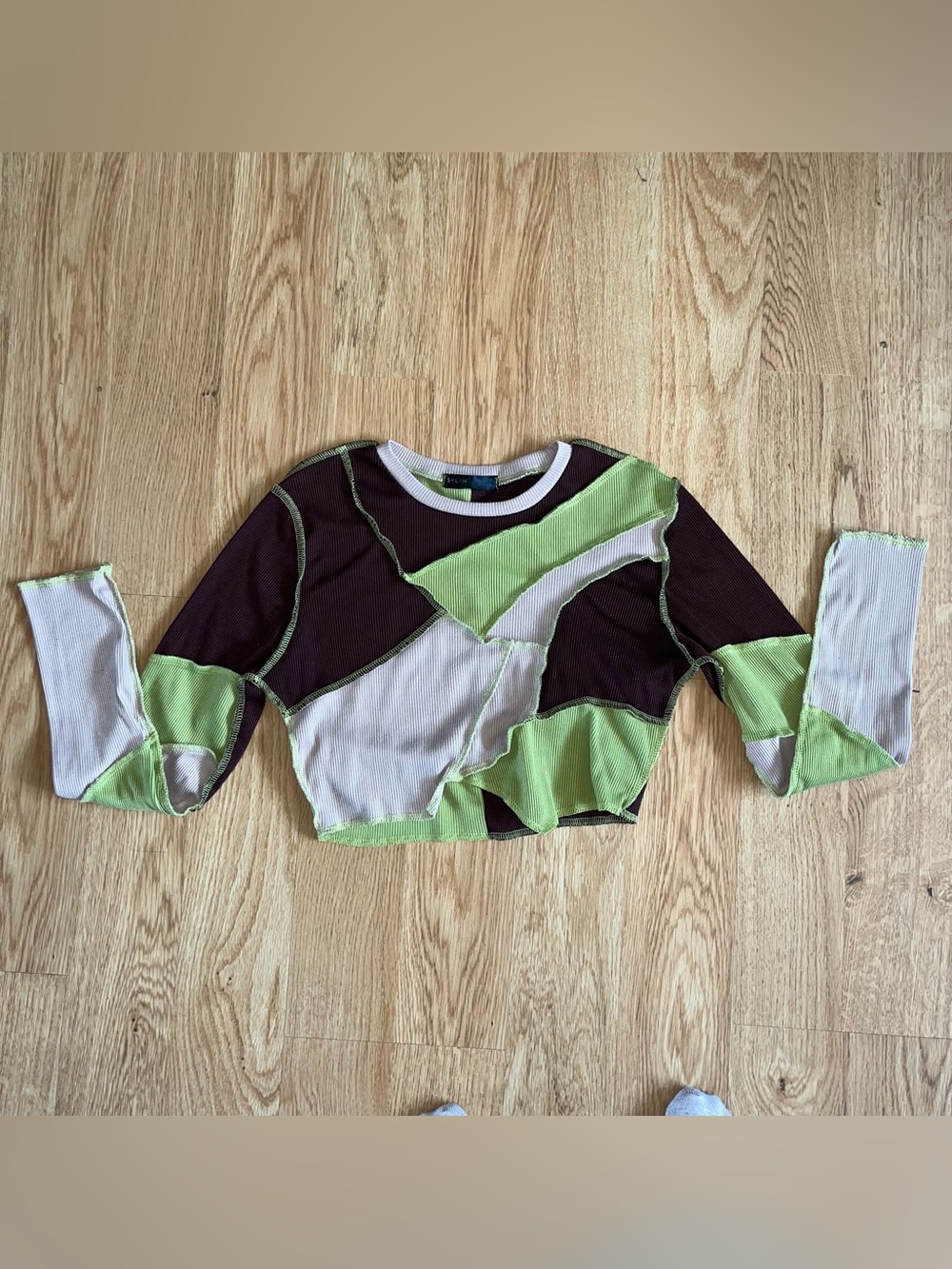 SHEIN Women’s Colorblock Rib Knit Cropped Long Sleeve Top Brown/Green S